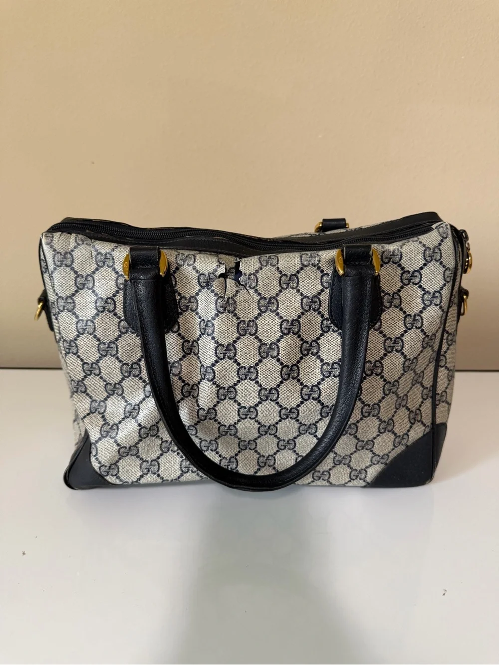 Vintage Navy Blue Gucci GG Supreme Mini Boston Bag - DAMAGED